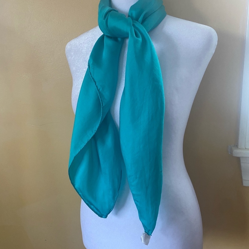 Elegant Teal Silk Scarf Square Hand-Rolled Edges
